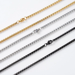 Detail of stainless steel box chains in gold, silver, and black with lobster clasps