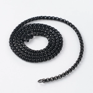 Detail of a black stainless steel box chain necklace with a secure lobster clasp closure