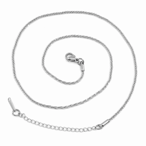 Close-up of a silver glistening choker with a secure lobster clasp and adjustable extension chain