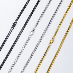 Détails de chaînes à mailles gourmette en acier noir, argent et or avec mousquetons