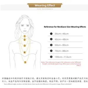 Size guide for stainless steel ball chains showing 5 necklace lengths from 35cm to 114cm