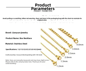 18K gold plated stainless steel box chains in multiple widths from 1.2mm to 4.0mm