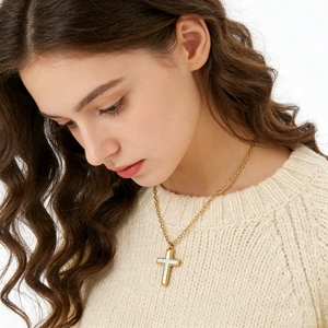 Kreuz Anhänger Halskette Gold Plattiert Edelstahl Perlmutt Religiöser Modeschmuck Für Damen Herren