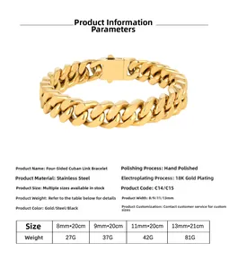 Guide des tailles détaillé pour bracelet gourmette en acier inoxydable plaqué or 18 carats