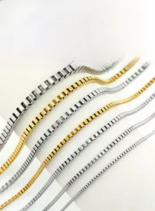 Detail of 18K gold and silver stainless steel box chains in various thicknesses