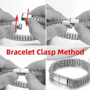 Detailed guide on how to open and wear the silver braided stainless steel bracelet clasp