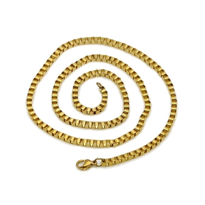 Detail view of a 18K gold plated stainless steel box chain with a secure lobster clasp