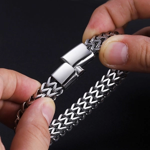 Polished double-row wheat chain bracelet in stainless steel with rectangle clasp for men