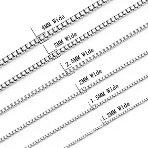 Polished stainless steel box chains in multiple widths ranging from 1.2mm up to 4.0mm