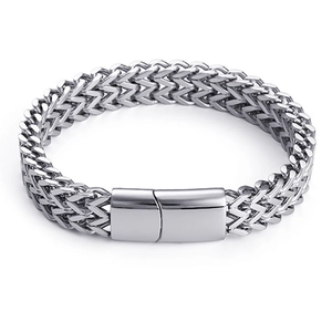 Silver stainless steel wheat link chain bracelet for men with secure magnetic clasp