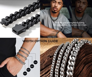 Détail des bracelets à mailles cubaines de 7mm à 11mm en acier noir et argenté