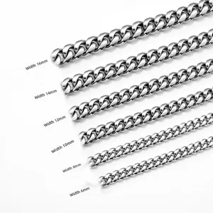 Comparaison de six largeurs de chaîne cubaine argentée de 6mm à 16mm sur fond blanc