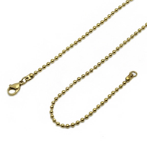 Polished golden stainless steel ball chain necklace with lobster clasp on white background