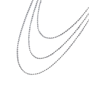 Three layers of minimalist stainless steel bead chain necklaces with polished silver finish