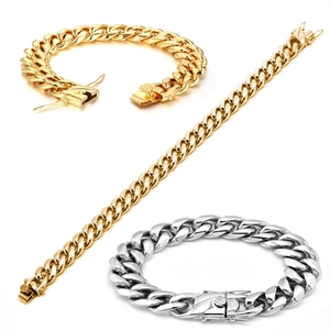 Poliertes Set aus kubanischer Gliederkette und Armband in Gold und Silber aus Edelstahl