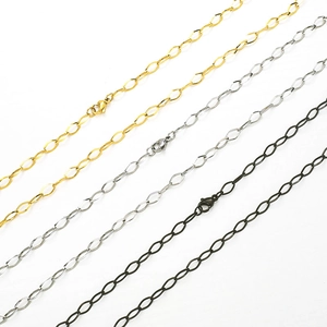 Polished stainless steel oval link chains in gold, silver, and black with lobster clasps