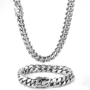 Ensemble collier et bracelet en acier inoxydable argenté poli avec maillons cubains