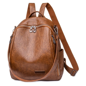 Vintage-Rucksack aus braunem PU-Leder mit mehreren Taschen und Tragegurten