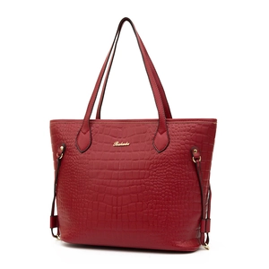 Red crocodile pattern tote bag with gold metal logo and long shoulder straps