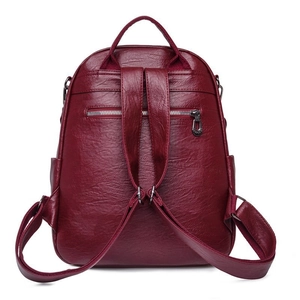Vintage Damen Rucksack aus dunkelrotem PU-Leder mit Diebstahlschutz-Tasche und Litschi-Struktur