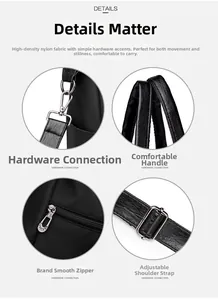 Detailed view of high-density nylon fabric and adjustable strap on a black tote bag