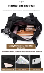 Detail showing high-capacity nylon tote bag compartments for iPad and daily items