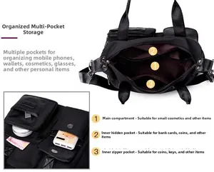 Detail view of nylon tote bag showing multiple interior pockets and organized compartments