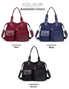 Nylon tote bags in burgundy, navy, and black featuring multi-pocket utility design