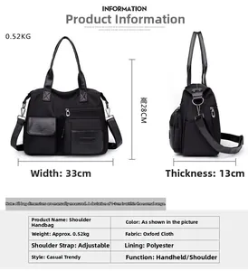 Detailed size chart for black nylon tote bag showing dimensions 33cm x 28cm x 13cm