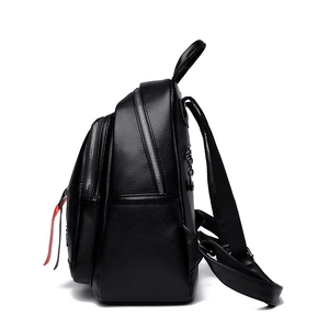 Women's black lychee pattern leather backpack with silver zippers and red-black pullers