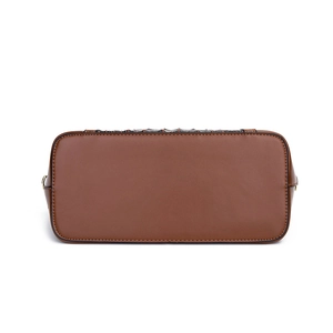 Bottom view of brown embossed crocodile leather handbag with golden D-ring hardware details