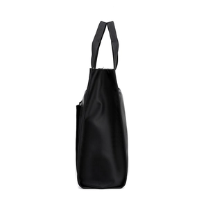 Black water-resistant nylon laptop bag with multi-compartment design and reinforced handles