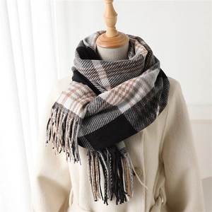 Detailed view of checkered cashmere-feel scarf with tassels on a beige winter coat