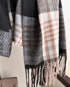 Close-up of soft plaid scarf featuring dense tassels and a premium cashmere-like texture