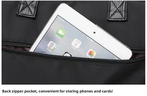 Detail of nylon tote back pocket showing secure storage for tablets and phone