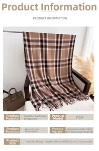 Close-up of brown plaid scarf with tassels, faux cashmere material, 200x62cm dimensions