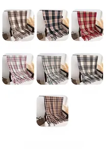 Classic checkered fringe scarves shown in multiple colors like brown, black, and red