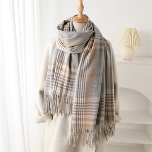 Classic plaid checkered tassel scarf in beige and grey cashmere-like soft fabric