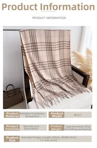 Detailed texture of beige checkered faux cashmere scarf with tassels on a chair