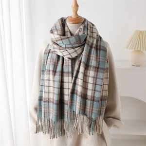 Detail of plaid scarf featuring blue and beige tassels on a wool coat outfit