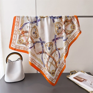 Elegant Equestrian Print Square Scarf Faux Satin Bandana Horse Bit Chain Pattern Headscarf For Women Fashion Neck Accessory