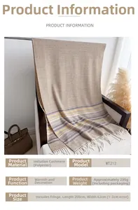 Detail of soft beige imitation cashmere scarf with grey yellow stripes and elegant tassels