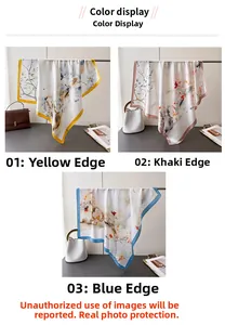 Dettaglio di foulard in seta con stampe di magnolia e bordi gialli, kaki e blu decorati