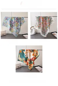 Dettaglio di tre foulard in finta seta con eleganti motivi floreali e stampe di conigli
