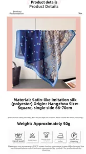 Detailed material specs and washing guide for paisley blue and beige silk-like square scarf