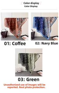 Detailed view of paisley silk-like scarves in brown, navy, and green with fine stitching
