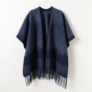 Blue houndstooth cashmere-feel shawl with fringe tassels and geometric pattern