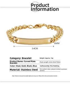Gold stainless steel ID bracelet dimensions with 6mm width and 34mm curved plate length