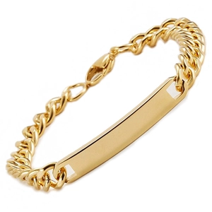 Detailed view of golden Cuban link bracelet featuring a polished engravable rectangular ID plate