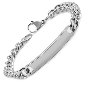 Macro detail of silver stainless steel Cuban link bracelet with engravable blank ID bar